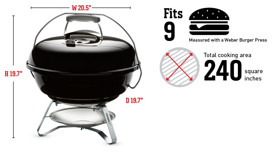 Fits 9 Burgers Measured with a Weber Burger Press, Total cooking area 240 square inches