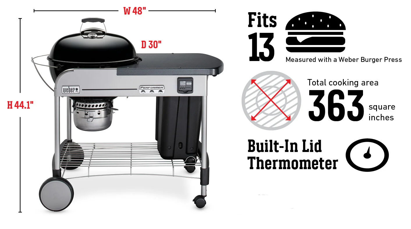 Fits 13 Burgers Measured with a Weber Burger Press, Total cooking area 2,342 square cm, Built-In Lid Thermometer, Char-Baskets included