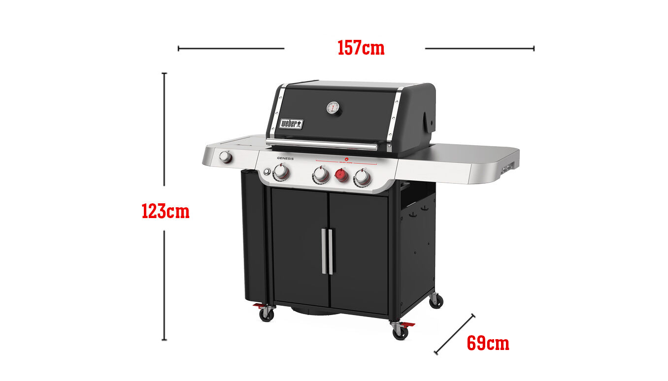 Può contenere 20 hamburger realizzati con una pressa per hamburger Weber, area di cottura totale 4316 cm quadrati, input bruciatori 39.000 Btu/ora, Sear Zone, bruciatore laterale