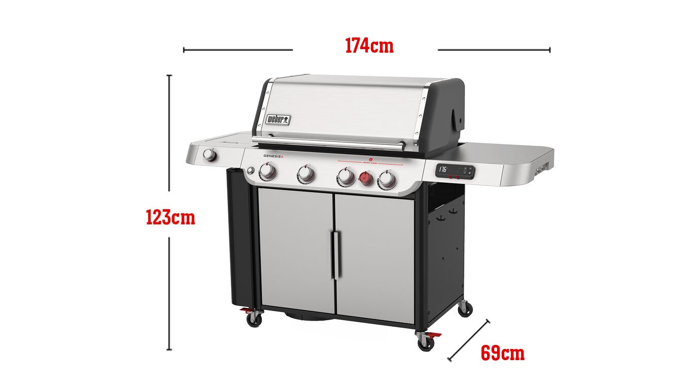 Capacidad para 20 hamburguesas medidas con una prensa para hamburguesas Weber, área de cocción total de 4316 cm², quemadores de 39.000 BTU/h, Sear Zone, quemador lateral