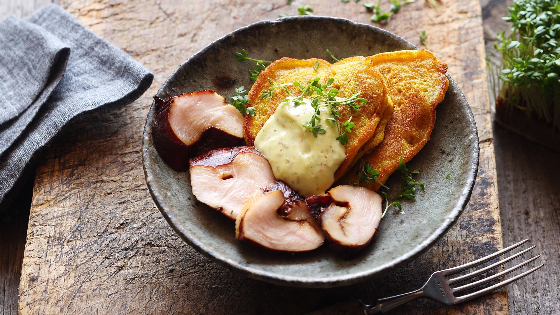  Chicken breast with teriyaki marinade served with thai curry pancakes and wasabi mayonnaise

