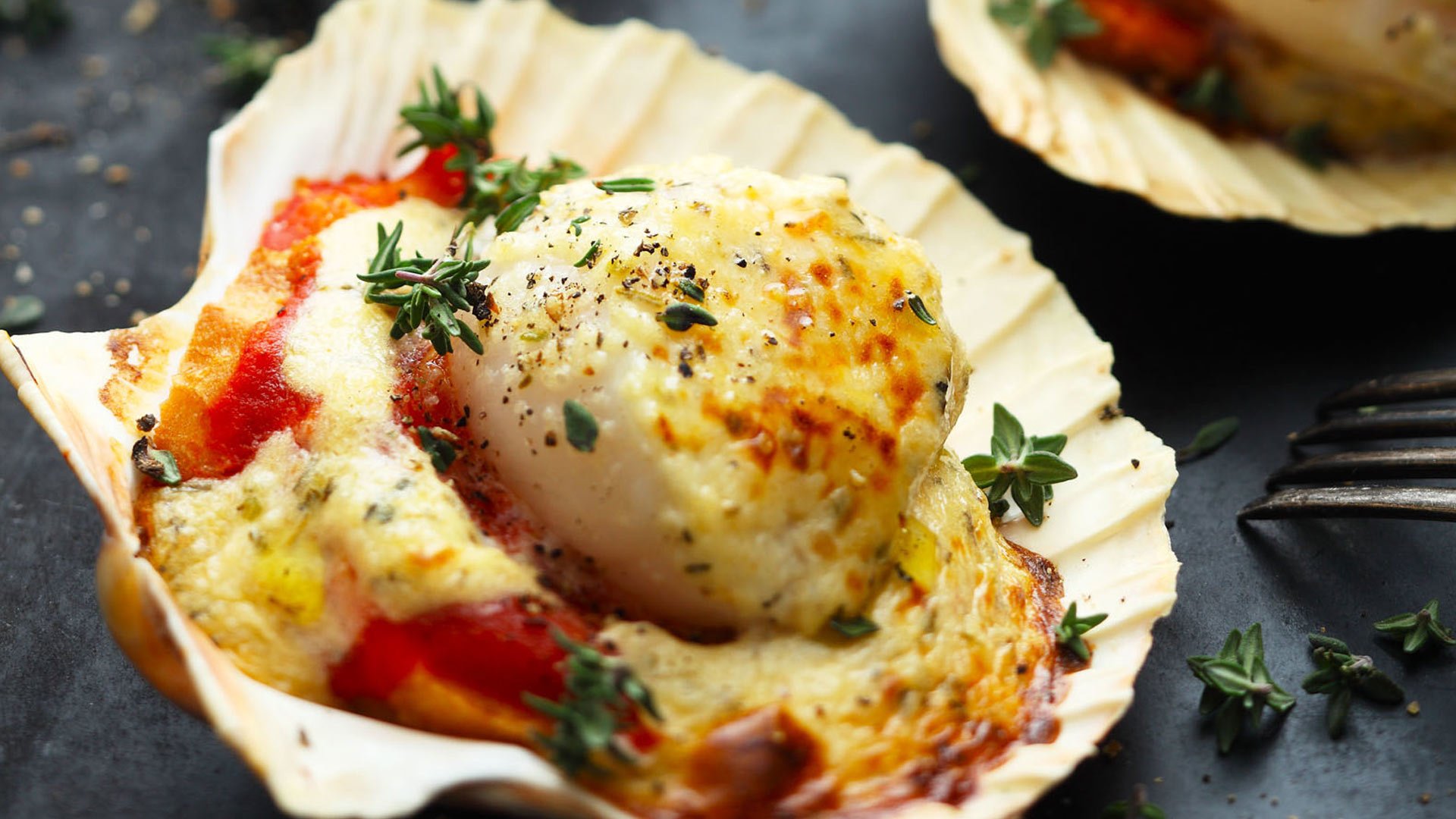  Frankreich - Jakobsmuschel mit Kräuter der Provence auf Tomatenbrot


